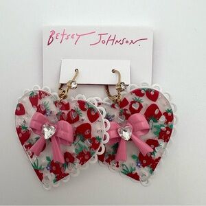 Betsey Johnson Baby Cakes Lucite Strawberry Large Heart Lace Pink Bow Earrings